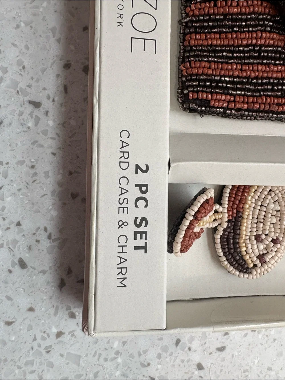 NIB Rachel Zoe Beaded Mini Card Case & Charm - Cappuccino Motif